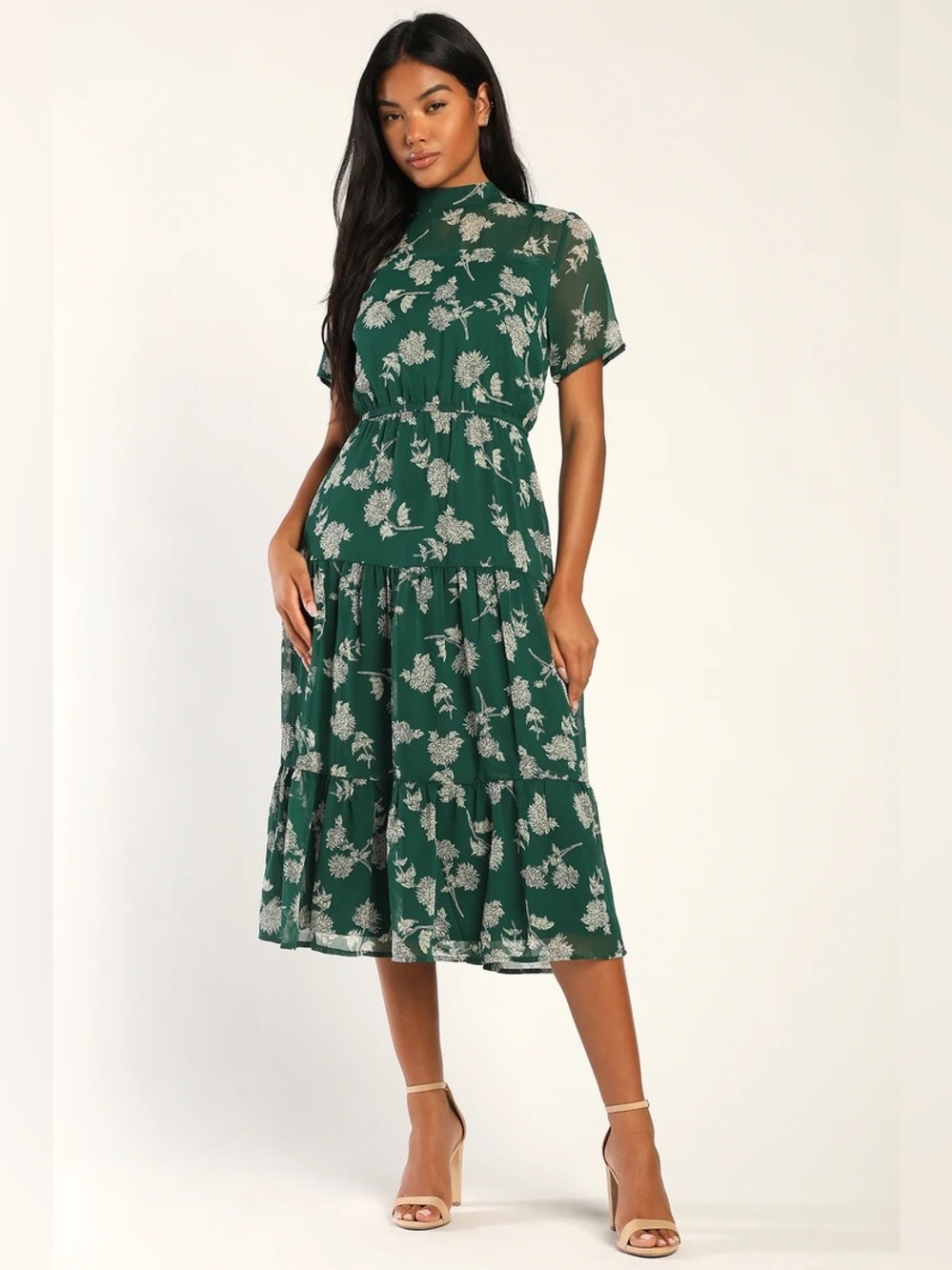 Lulu's Floral Dressed Up Dark Green Floral Print Midi Dress